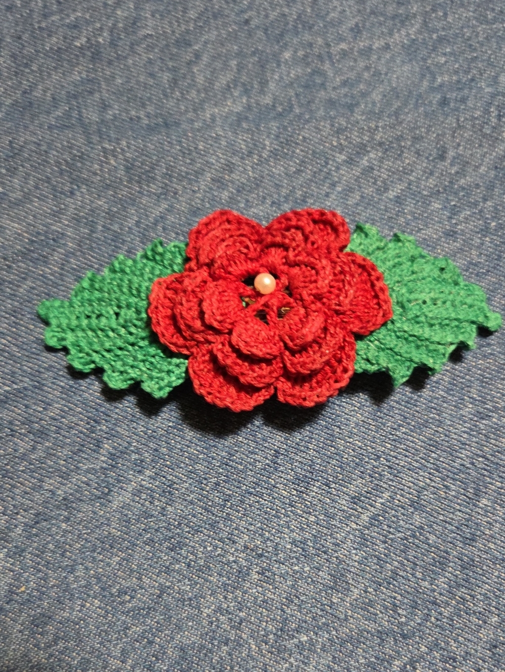 Handmade Red Crochet Flower Hair Clip with Green Leaves